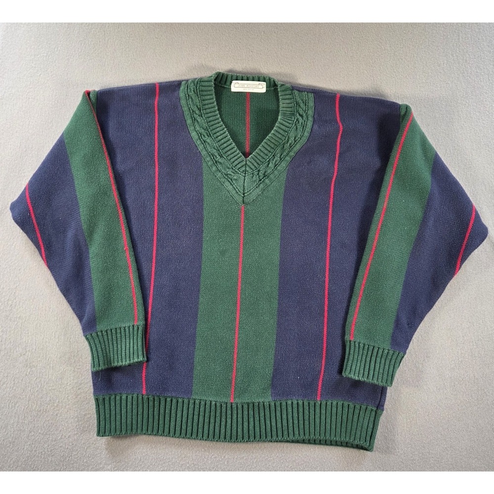 Vintage John Ashford Sweater Mens XL Green Striped Tennis V Neck Chunky Knit